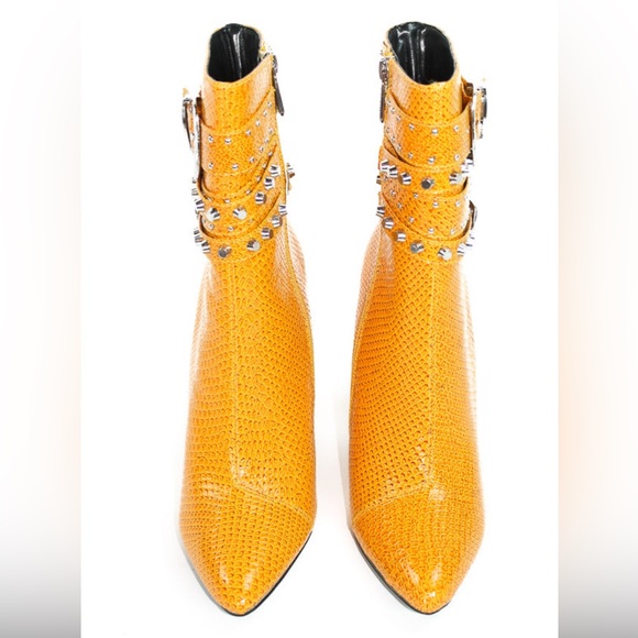 Mustard color snake embossed boot with ankle straps and buckles. - Picture 2 of 3